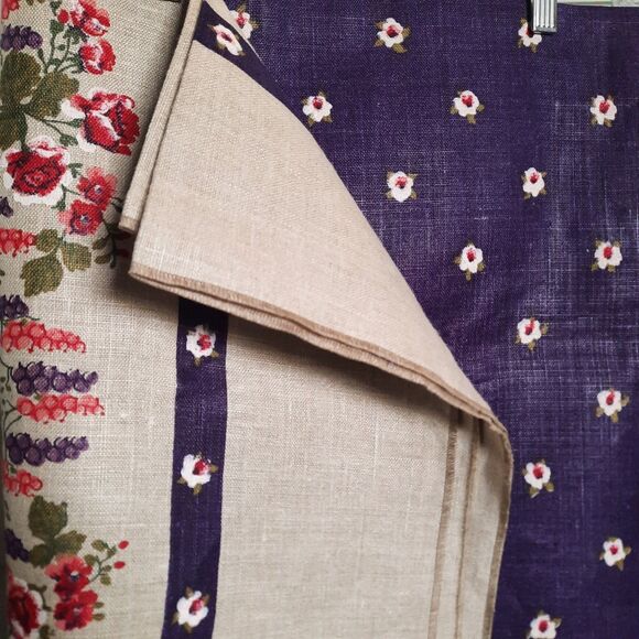 Heavyweight Linen Rectangle Purple Tan Floral Print Fabric Table Cloth 54 x 70 - Picture 3 of 7